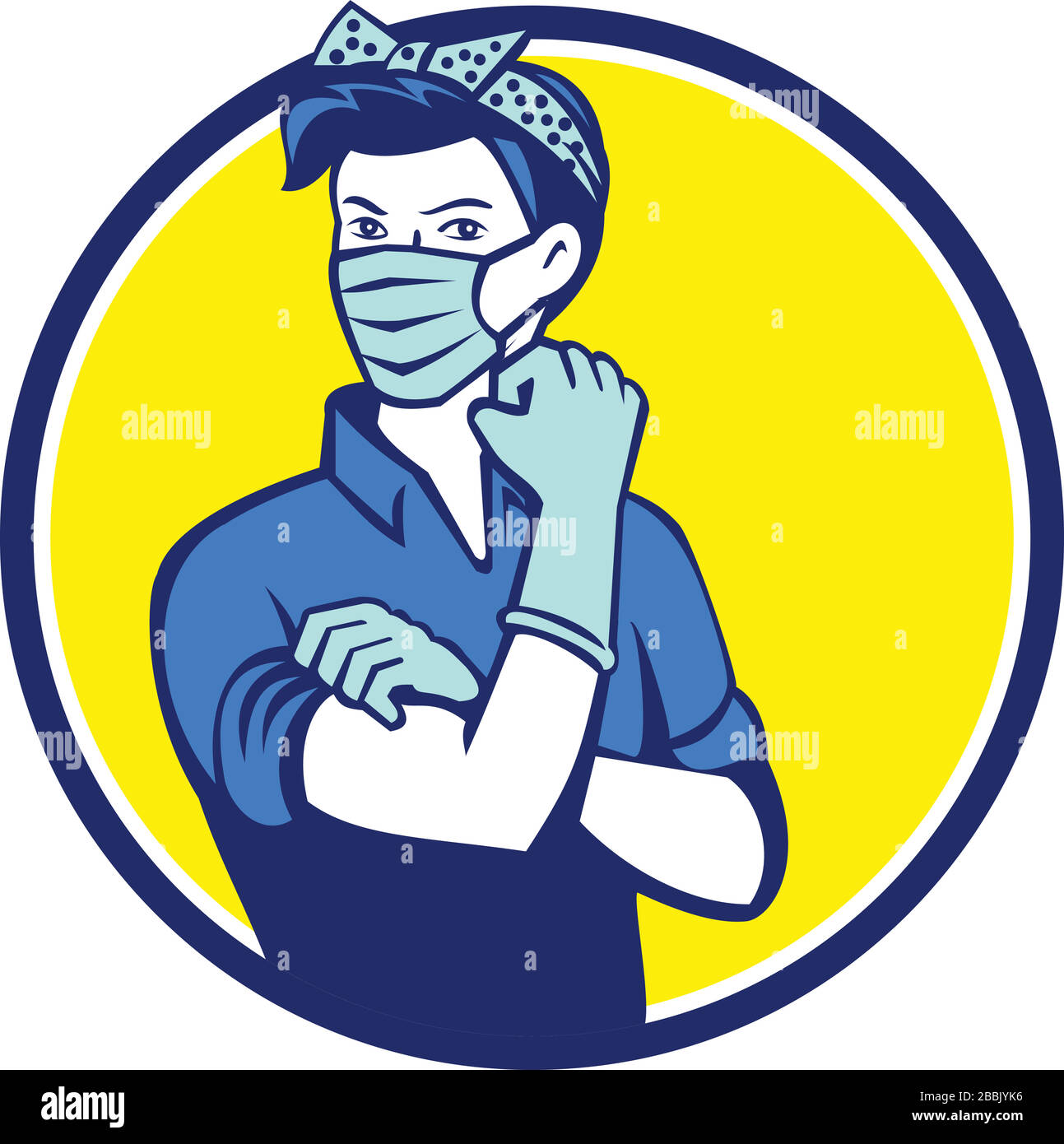 Mascot icon illustration of American Rosie the riveter as medical healthcare essential worker wearing a surgical mask flexing muscle and saying we can Stock Vector