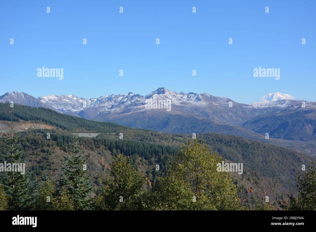 A dramatic mountain ridge close to Mt St Helens, seen from a viewpoint on Route 504, Cowlitz County, Washington State, USA. Stock Photo