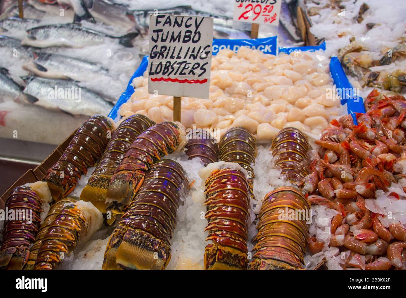 Seafood and lobster tails on sale at a fish market Stock Photo Alamy