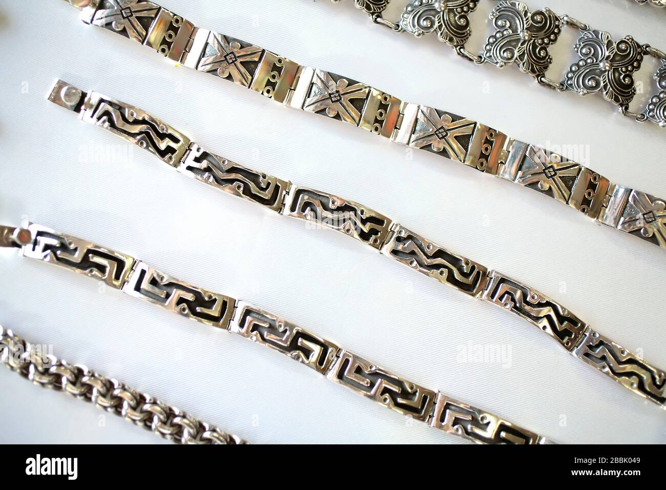 Silver bracelets on sale in Taxco, Guerrero, Mexico Stock Photo