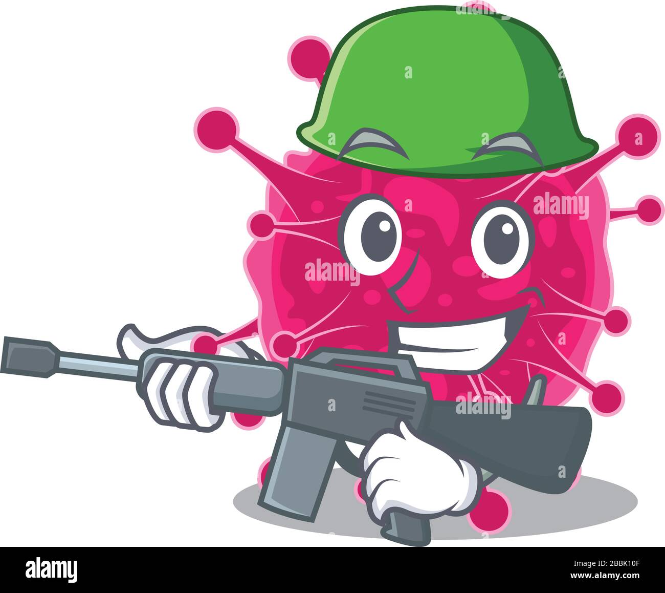 A cartoon picture of picornaviridae in Army style with machine gun Stock Vector