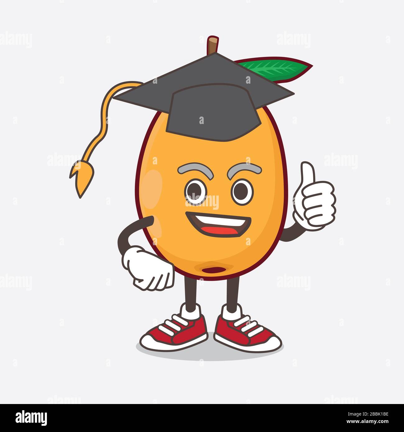 An illustration of Loquat Fruit cartoon mascot character in a black Graduation hat Stock Photo