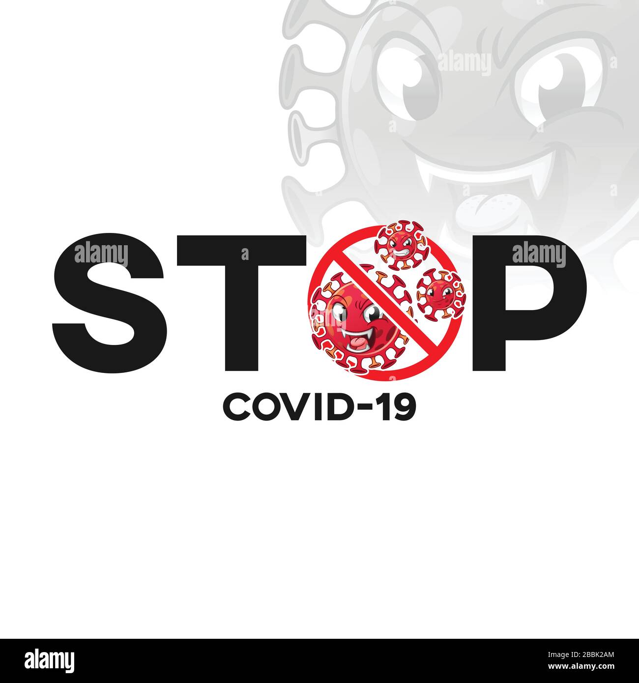 Stop COVID-19 (Coronavirus Disease 2019) Title Text Banner with Virus Mascot, Stop Spreading The Virus, Sign and Symbol, Cartoon Vector Illustration. Stock Vector