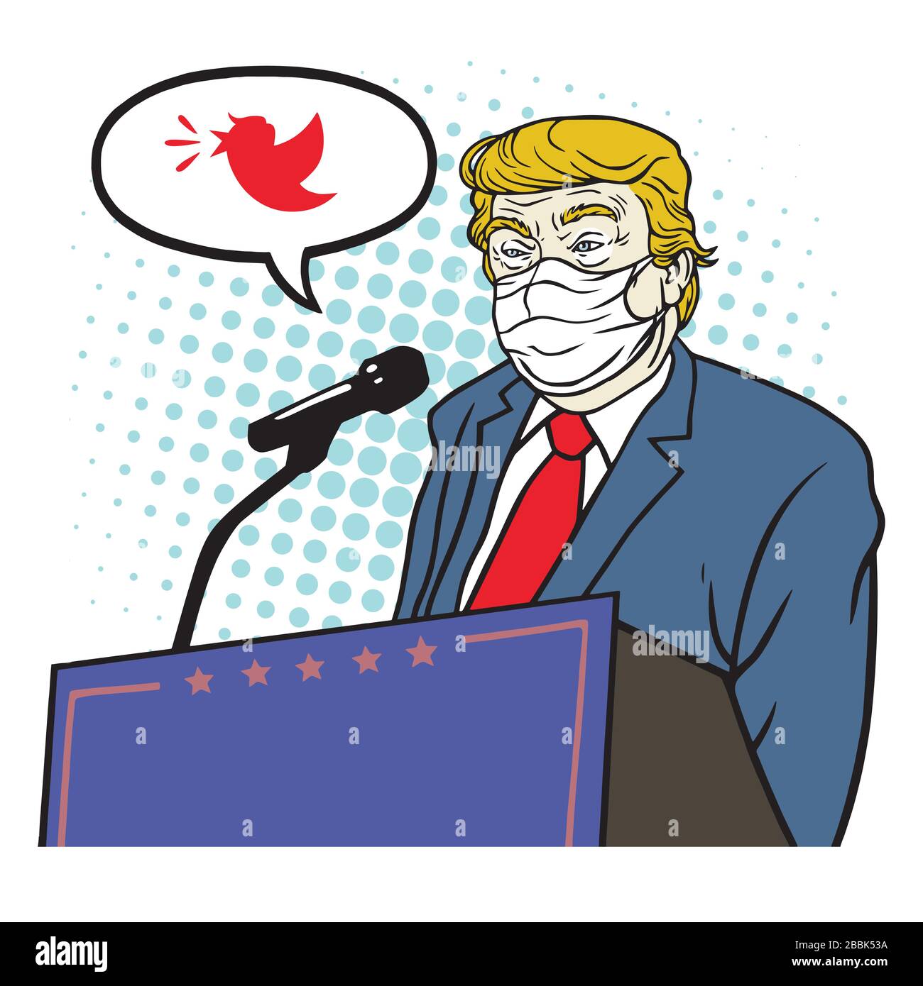 Donald Trump Wearing Anti Corona Virus Coronavirus Covid-19 Mask Speech Campaign Tweets Cartoon Vector Illustration. Washington, April 1 , 2020 Stock Vector