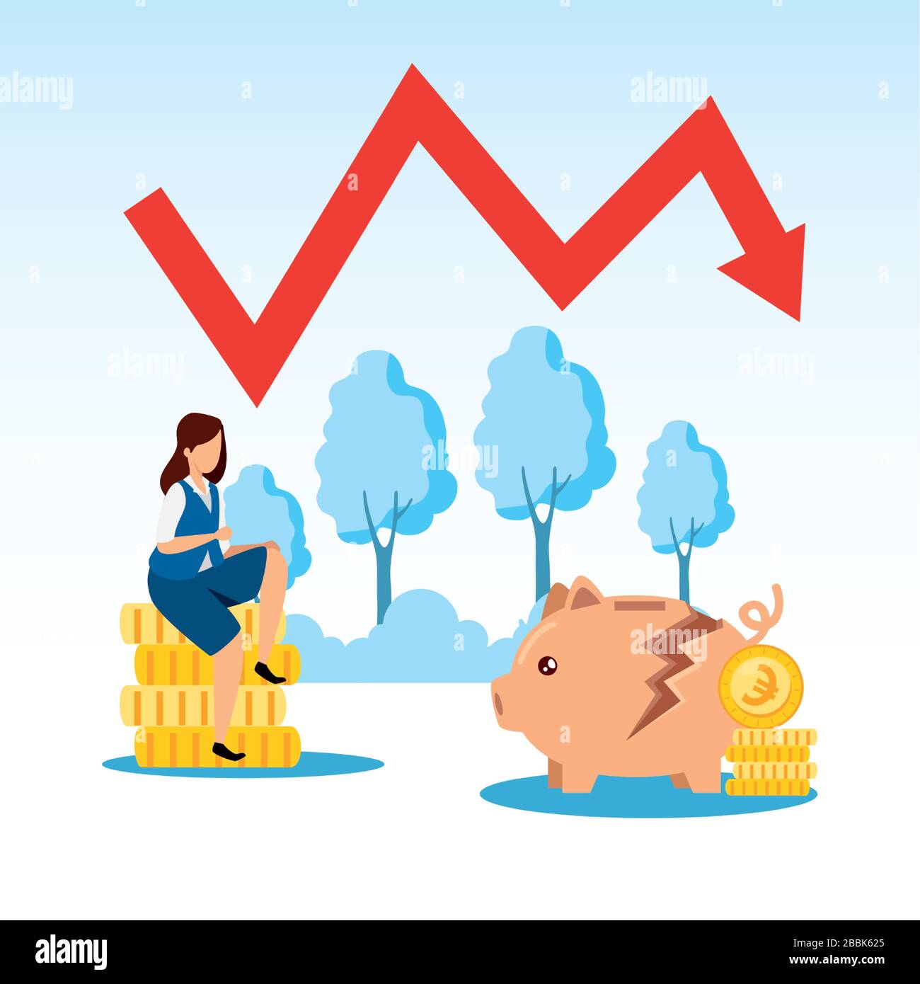 stock market crash with business woman and icons Stock Vector Image ...