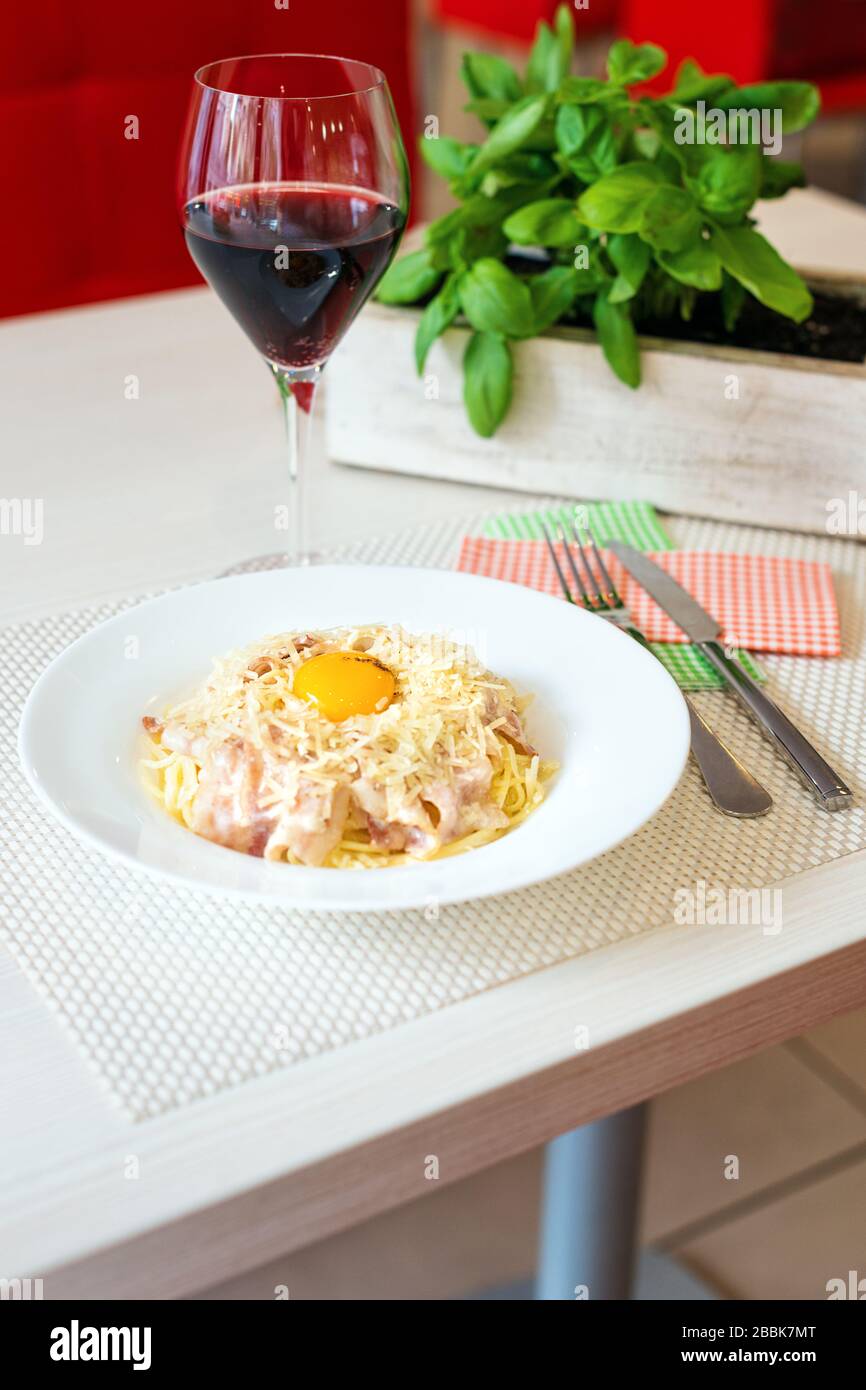 Traditional Creamy Spaghetti Carbonara with egg yolk, cheese and bacon Stock Photo Alamy