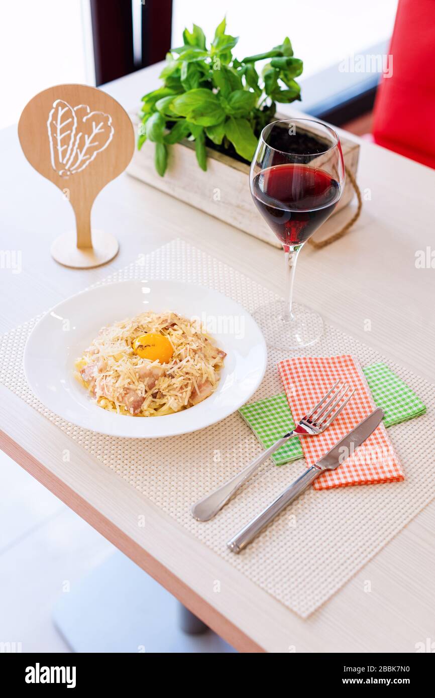 Traditional Creamy Spaghetti Carbonara with egg yolk, cheese and bacon Stock Photo Alamy