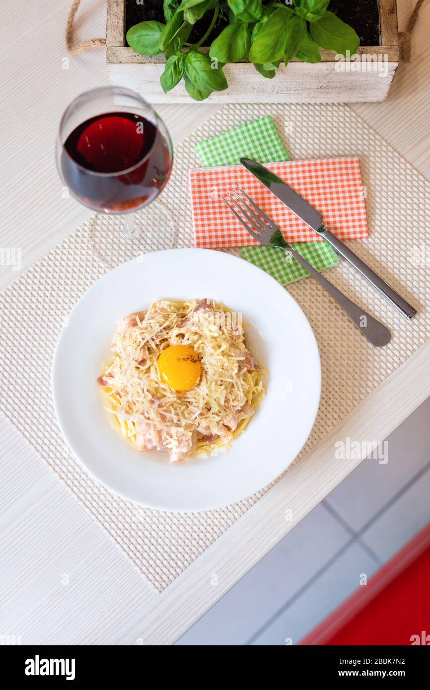Traditional Creamy Spaghetti Carbonara With Egg Yolk Cheese And Bacon Stock Photo Alamy