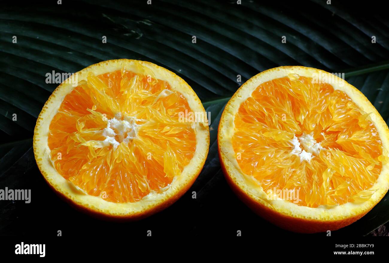 Close up from high view of yellow orange fruit cut two in half, freshness raw fruit of citrus, rich vitamin c, good for health on wooden background Stock Photo