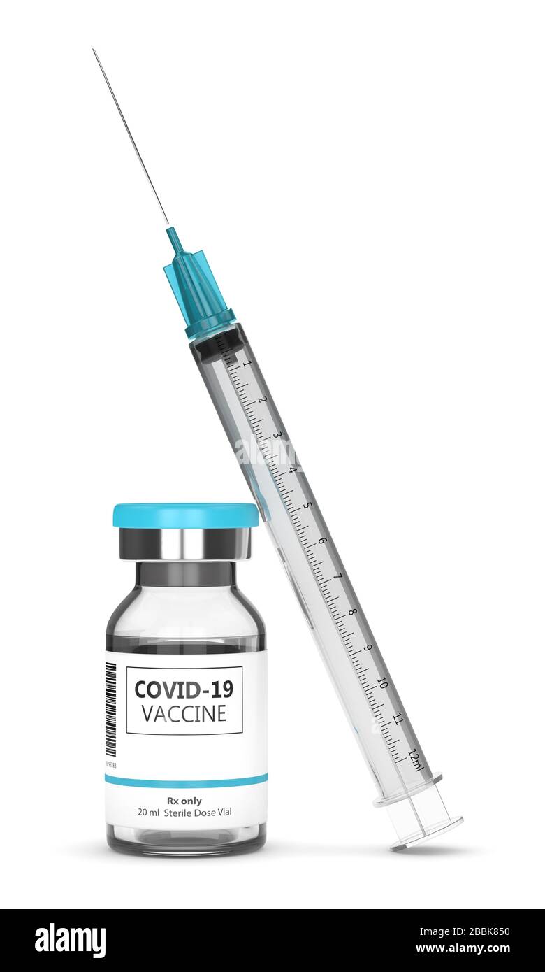 3d render of covid-19 vaccine vial and syringe over white background Stock Photo