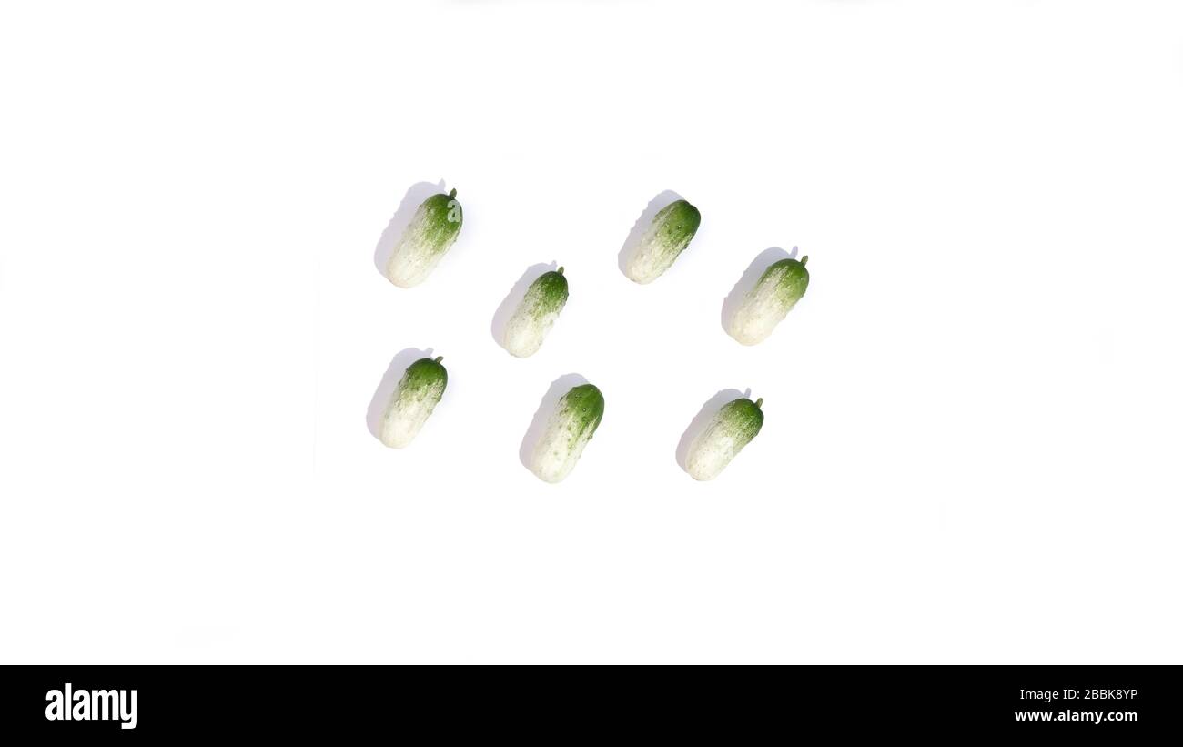 Small green cucumbers pattern with shadow isolated on white background. Natural healthy foodon table. Eco vegetable concept for market. Stock photo. Stock Photo