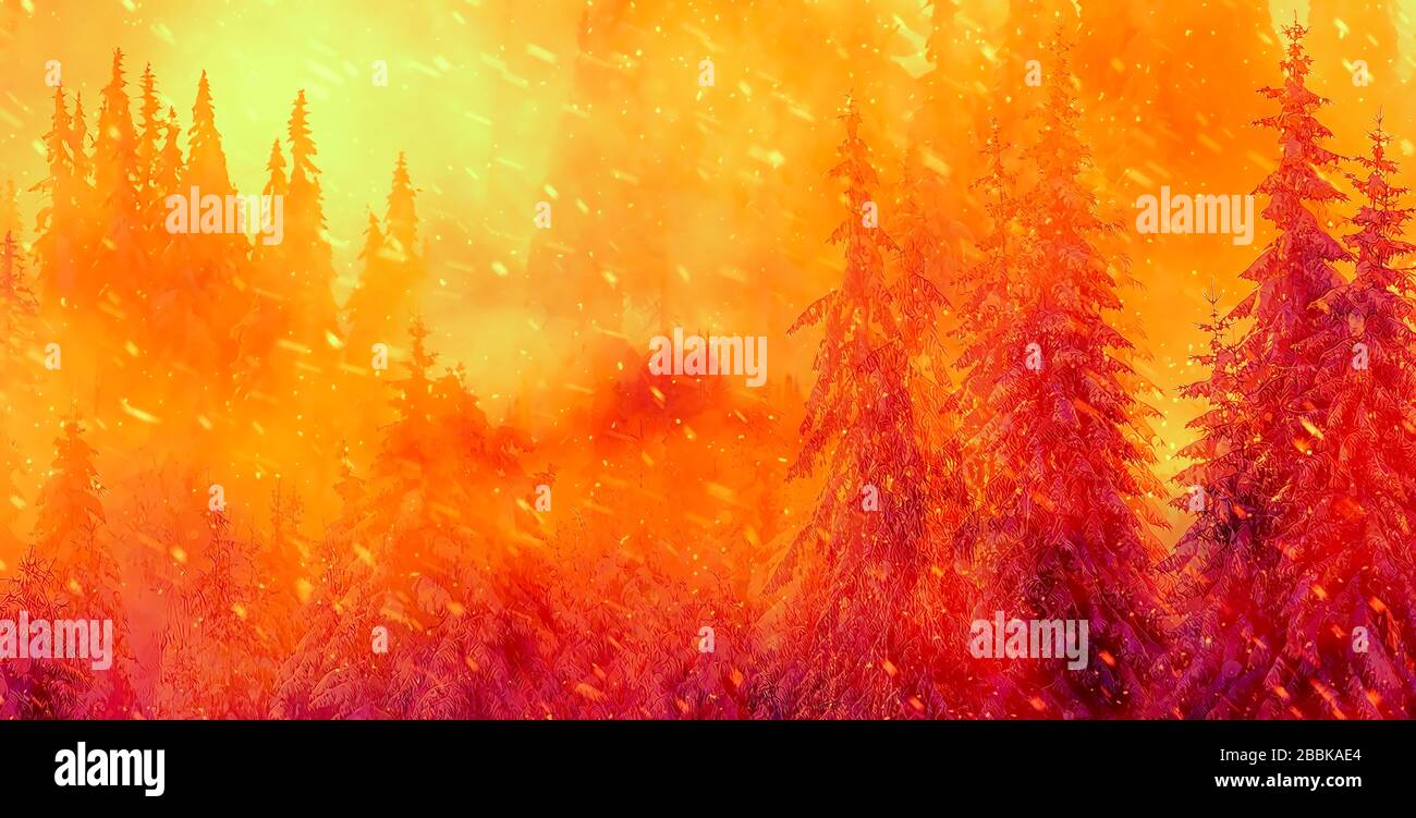 burning spruce forest and painting effect. ecology concept Stock Photo Alamy
