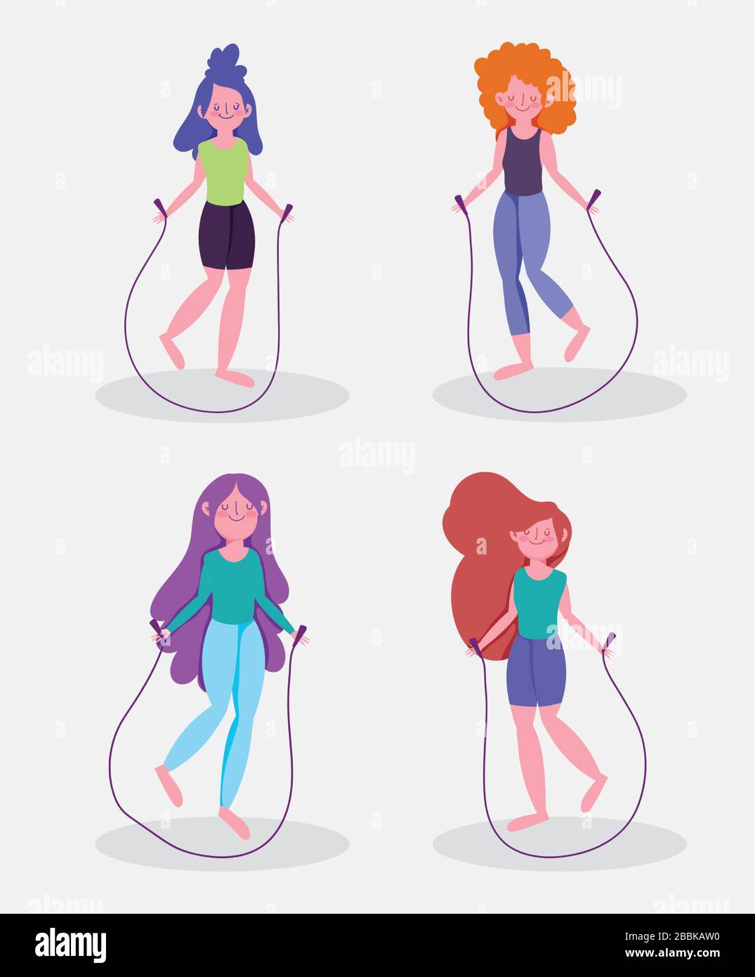 group women practicing jumping rope activity sport exercise at home