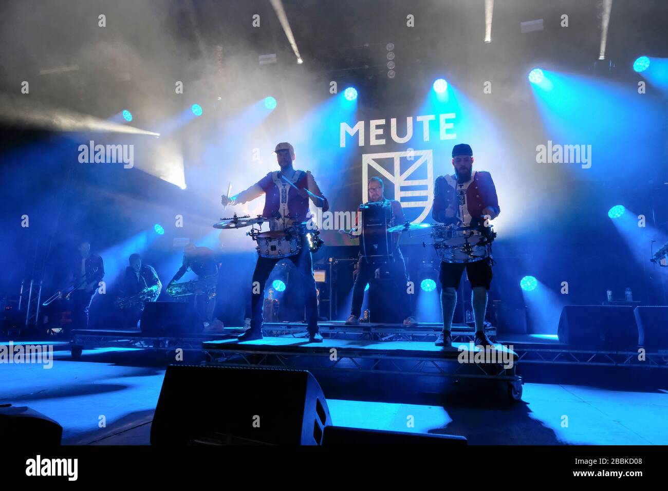 German techno marching band, Meute performing at the WOMAD Festival, Charlton Park, Malmesbury, UK. July 25, 2019 Stock Photo