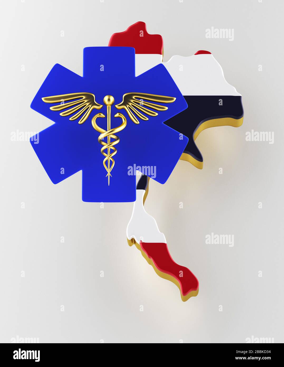 Caduceus sign with snakes on a medical star. Map of Thailand land border with flag. Thailand map on white background. 3d rendering Stock Photo