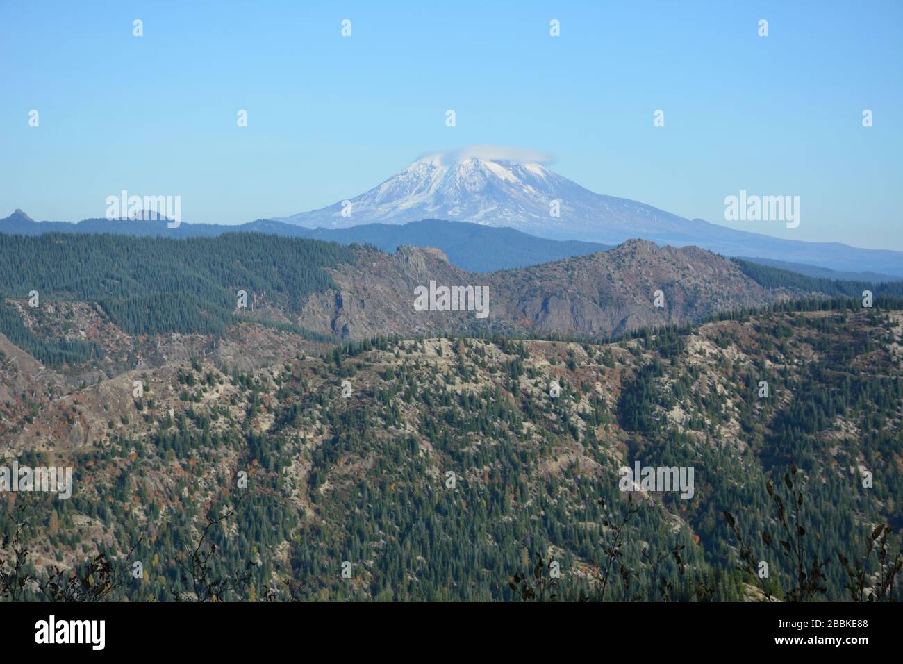 Mt St Helens and land affected by the 1980 eruption seen from the