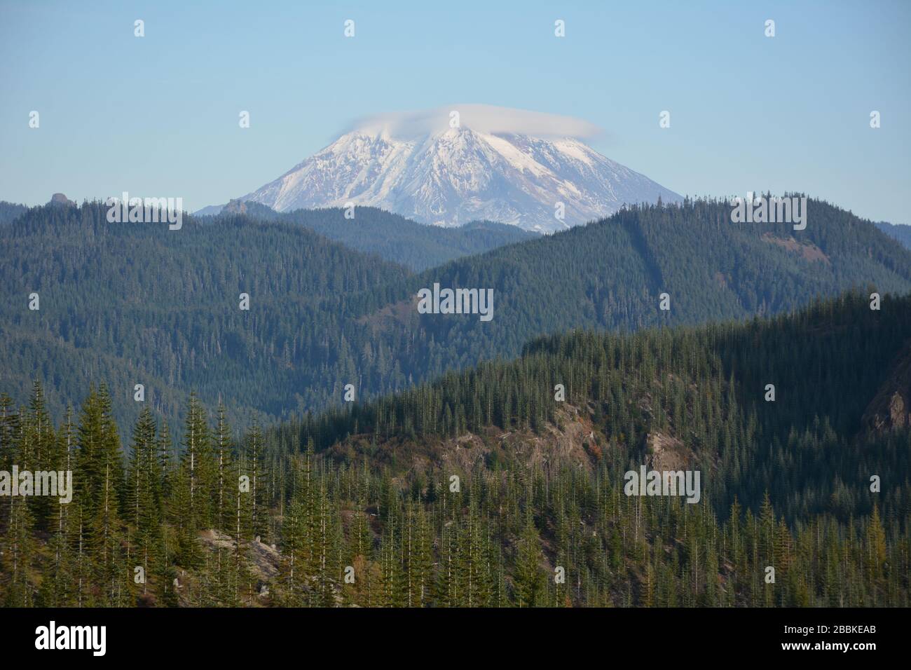 The east side of Mt St Helens seen from behind forested mountain ridges in the Gifford Pinchot National Forest,, Washington State, USA. Stock Photo