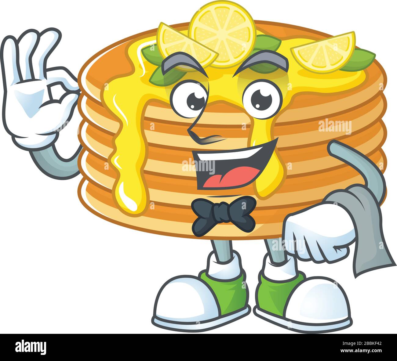 A lemon cream pancake waiter cartoon character ready to serve Stock ...