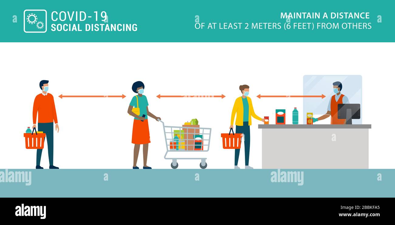 Social distancing and coronavirus covid-19 prevention: maintain a safe distance from others at the supermarket Stock Vector