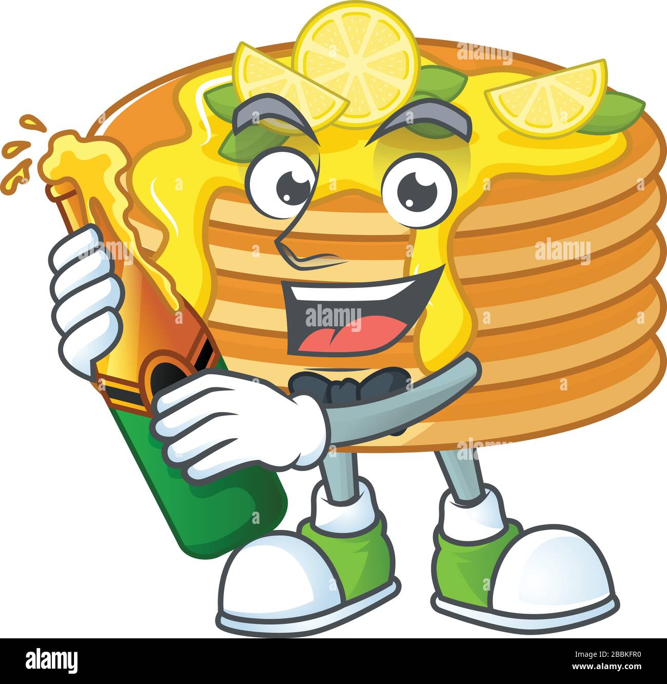 Mascot cartoon design of lemon cream pancake making toast with a bottle of beer Stock Vector