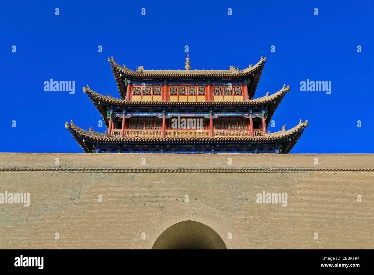 Three tiered gable hip roof-guard tower-Ruoyuan Gate. Jiayu Pass-Jiayuguan city-Gansu-China-0751 Stock Photo