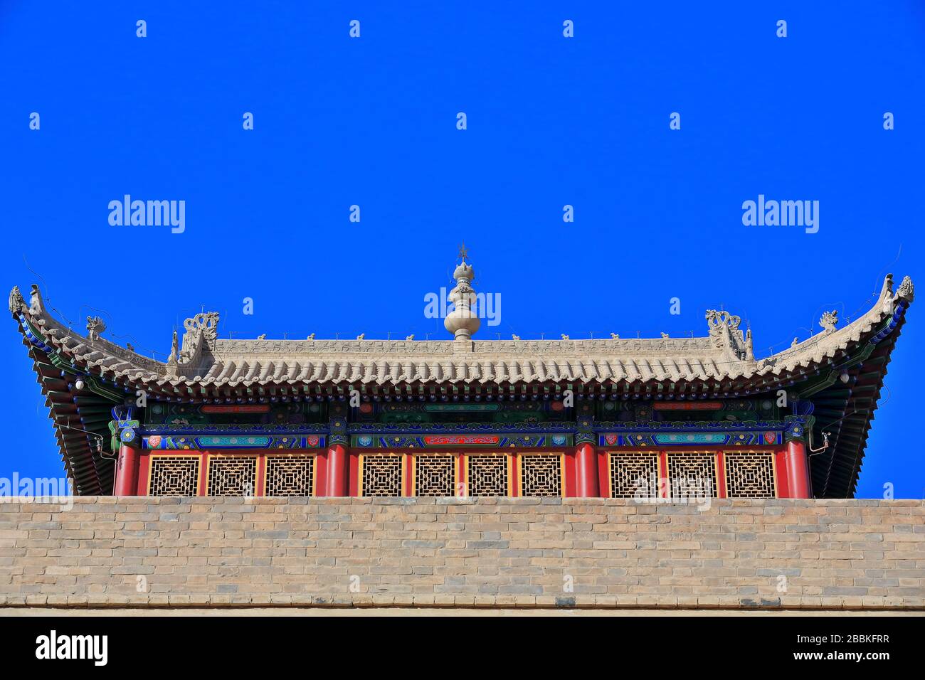 Three tiered gable hip roof-guard tower-Ruoyuan Gate. Jiayu Pass-Jiayuguan city-Gansu-China-0756 Stock Photo