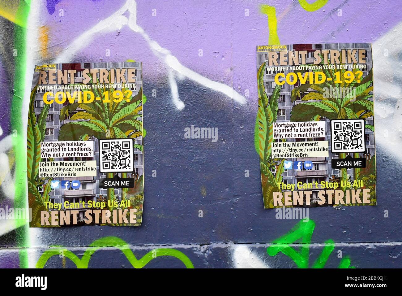 Posters referencing Covid-19 and a rent strike in Bristol as the UK enters the second week of lockdown due to the global coronavirus pandemic. Stock Photo