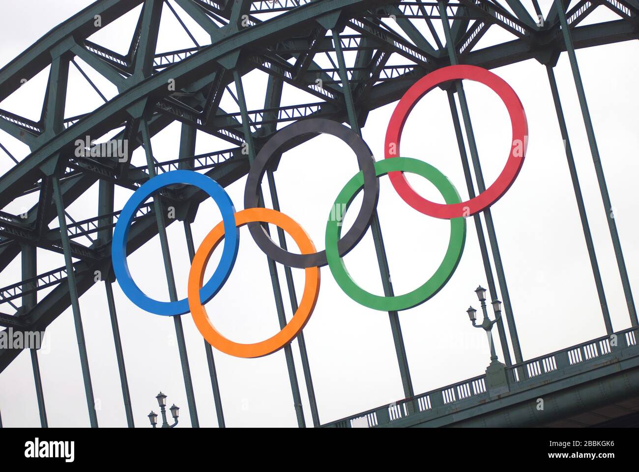 Olympic 2012 rings on the Tyne Bridge, Newcastle Stock Photo