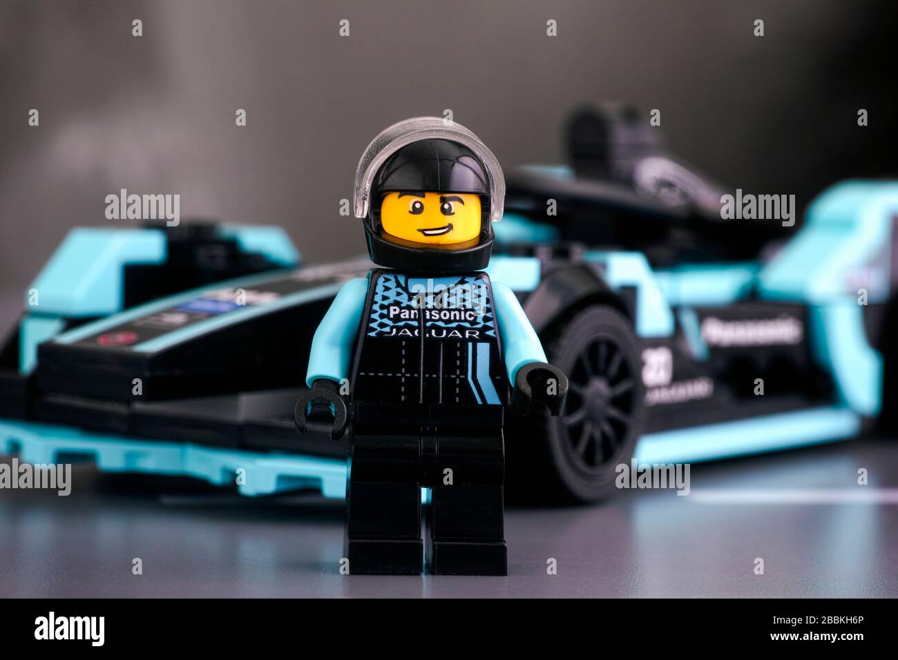Tambov, Russian Federation - February 19, 2020 Lego Formula E Panasonic  Jaguar Racing Gen2 driver minifigure by LEGO Speed Champions against his  car Stock Photo - Alamy