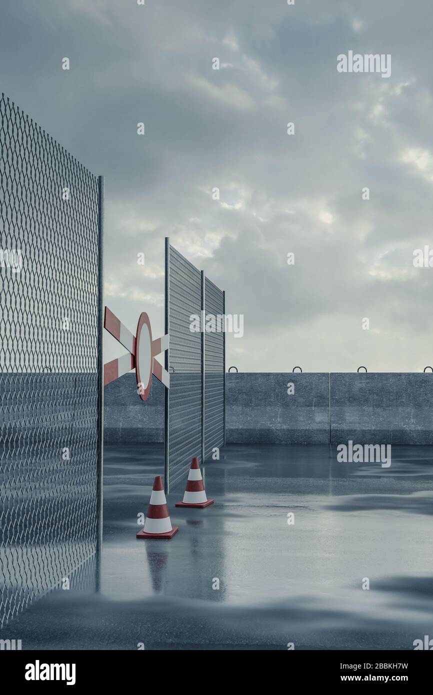 3d rendering of restricted area with wet asphalt and fence Stock Photo