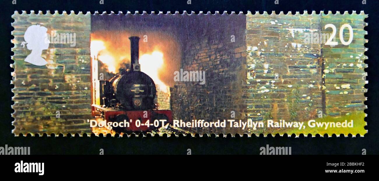 Postage stamp. Great Britain. Queen Elizabeth II. Classic Locomotives. 'Dolgoch'  0-4-0T. Rheilffordd Talyllyn Railway, Gwynedd, Wales. 20p. 2004. Stock Photo