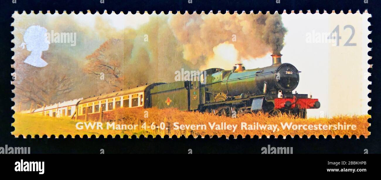 Postage stamp. Great Britain. Queen Elizabeth II. Classic Locomotives. GWR Manor Class, Bradley Manor. 4-6-0. Severn Valley Railway, Worcestershire, England. 42p. 2004. Stock Photo