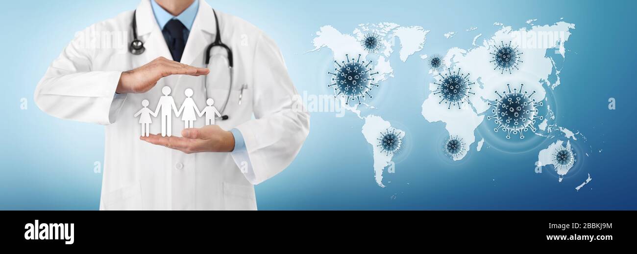 corona virus covid 19 protection concept, doctor hands protect family symbol with covid icons on the world map in the blue background, copy space and Stock Photo