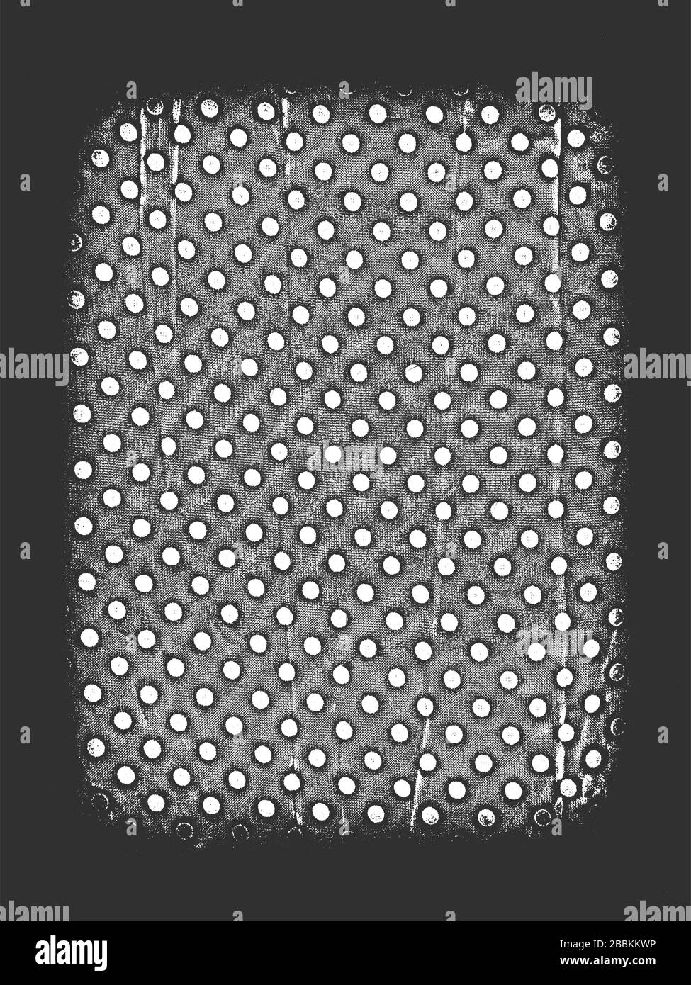 Distress grunge vector texture of fabric with polka dot ornament and vignette. Black and white background. EPS 8 illustration Stock Vector