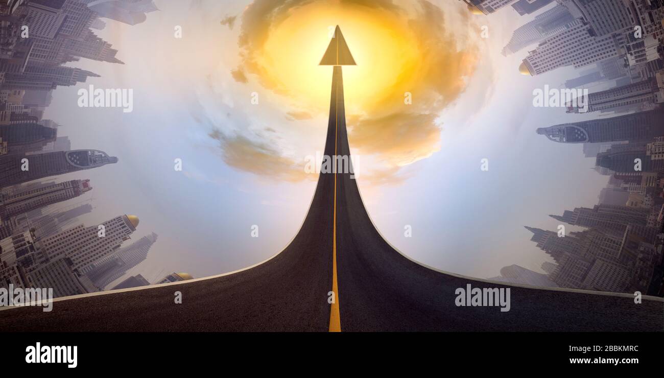 A road turning into an arrow rising upward on circle of city skyline background, symbolizing the direction to success in the future as a symbol of bus Stock Photo