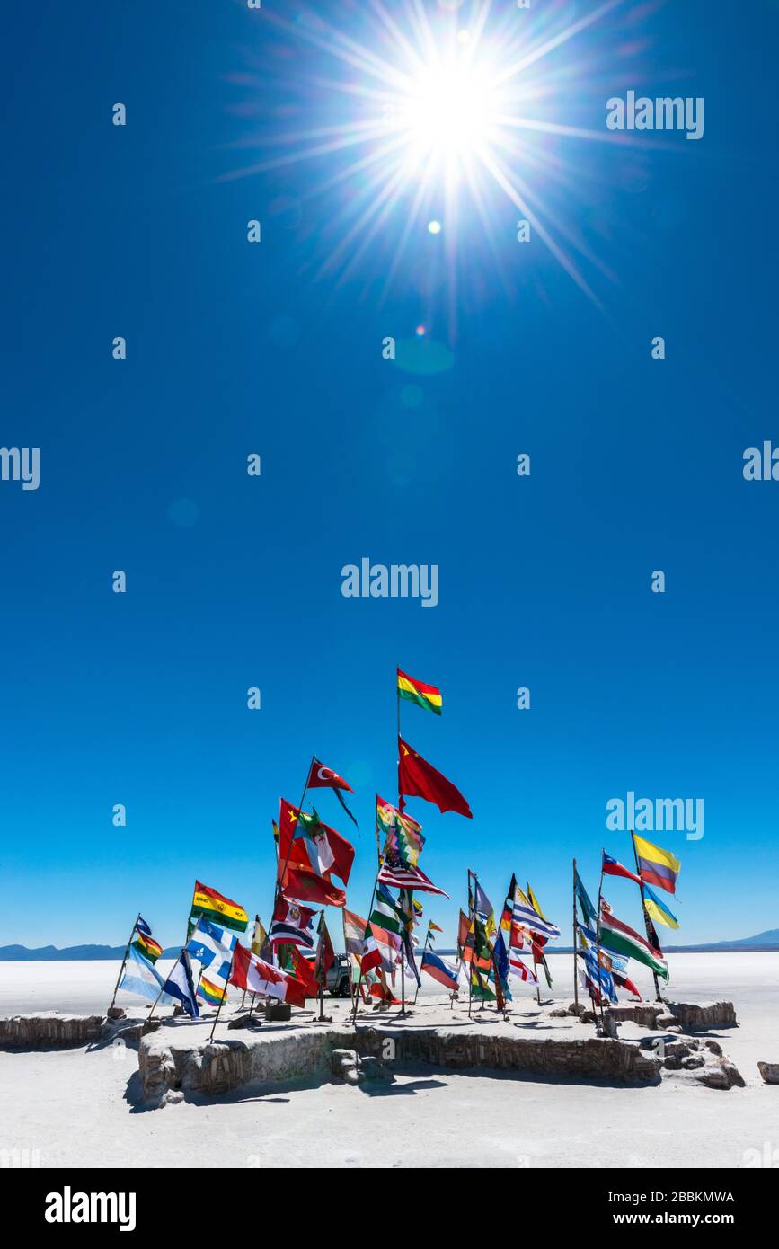 International Flags, Salar de Uyuni, Uyuni, Department of Potosi, Bolivia Stock Photo