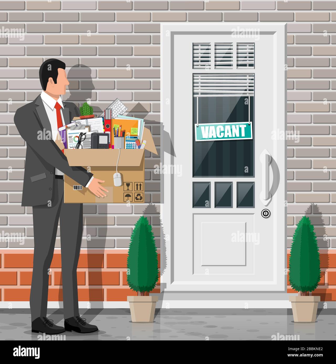 Office door with vacancy sign. Employee with box with office goods