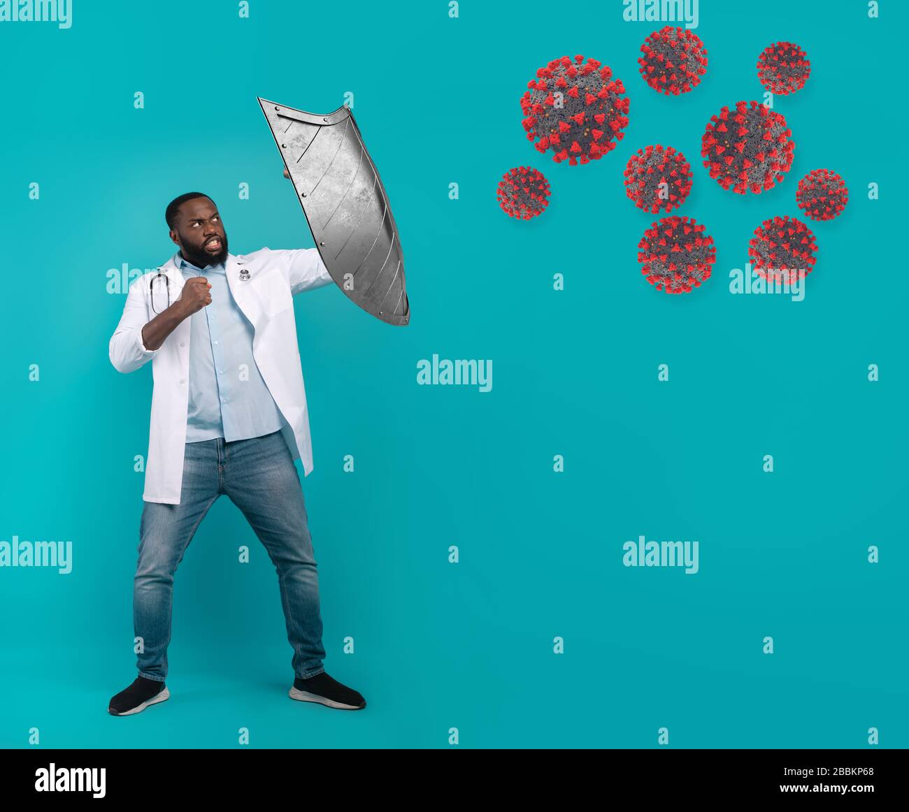 Doctor with shield fighting the sars cov virus 2 on cyan background Stock Photo