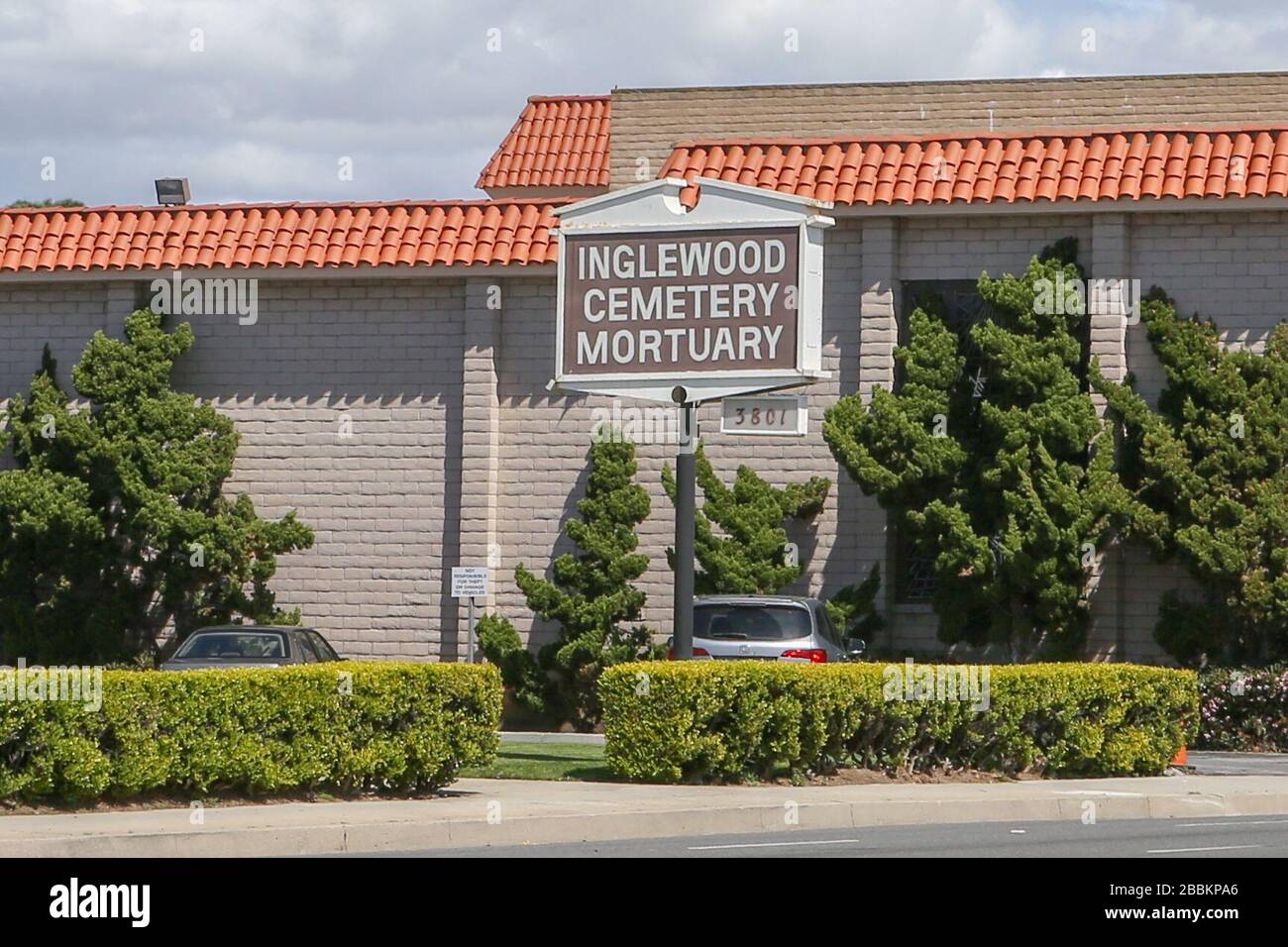 General view of Inglewood Cemetery Mortuary marquee located at 3801 W Manchester Blvd, on