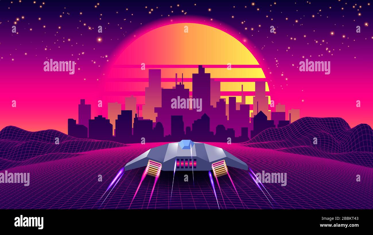 Arcade Space Ship Flying to the Sunset. Retro 80s Fashion Sci-Fi Background Landscape. Digital Retro Cityscape Sci-Fi Summer Landscape with 3D Mountains, 80s Style Synthwave or Retrowave illustration. Stock Vector