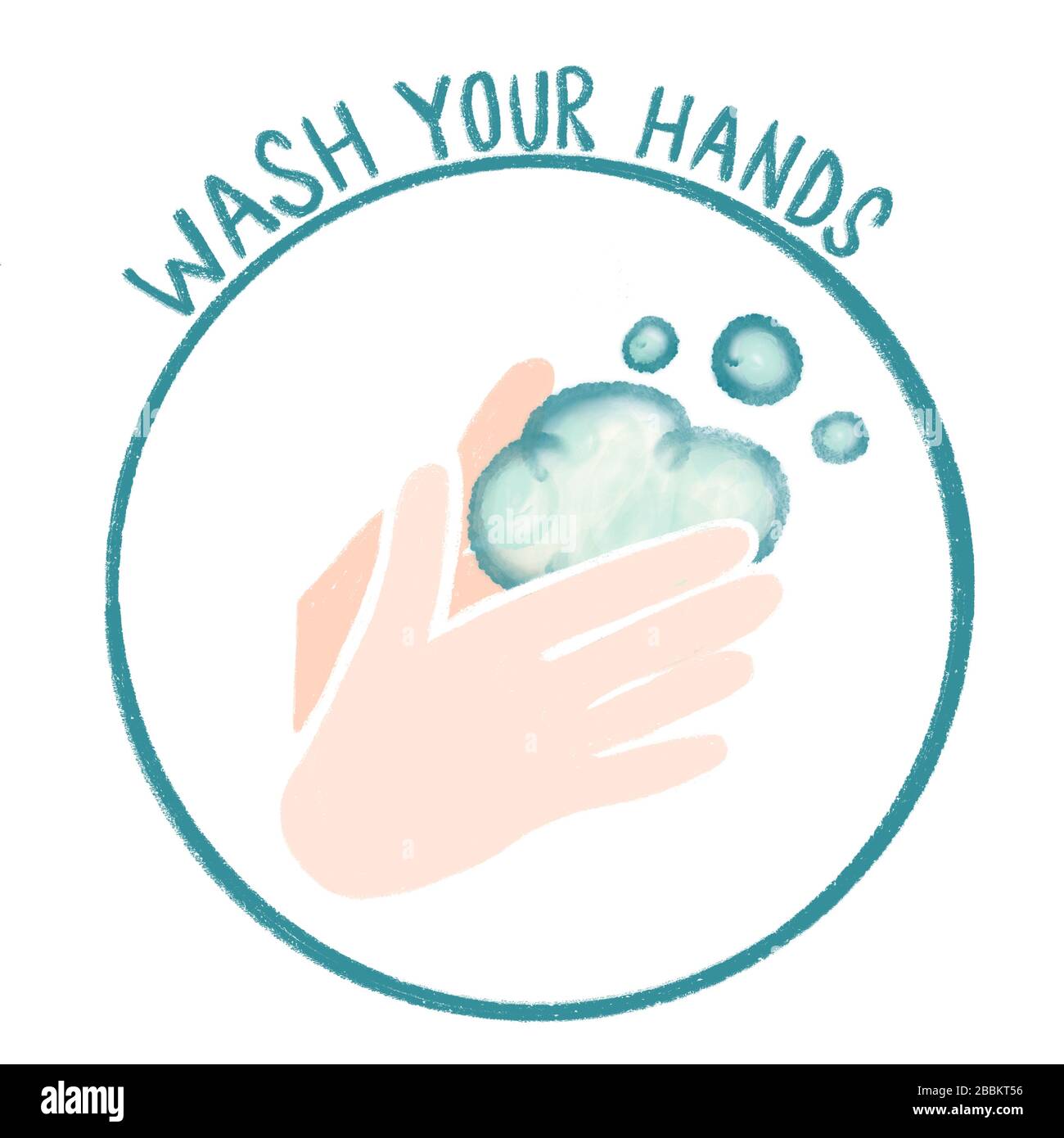 Hand sanitizing wash your hands illustration. COVID 19, corona virus protection. Hand drawn illustration hands and soap bubbles. Stock Photo