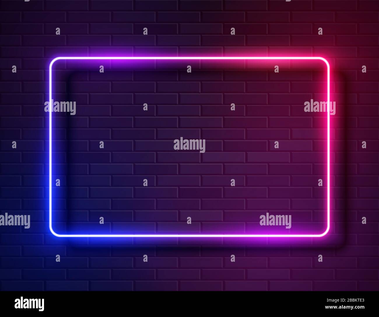 Neon Glowing Rectangle Frame for Banner on Dark Empty Grunge Brick Background Stock Vector