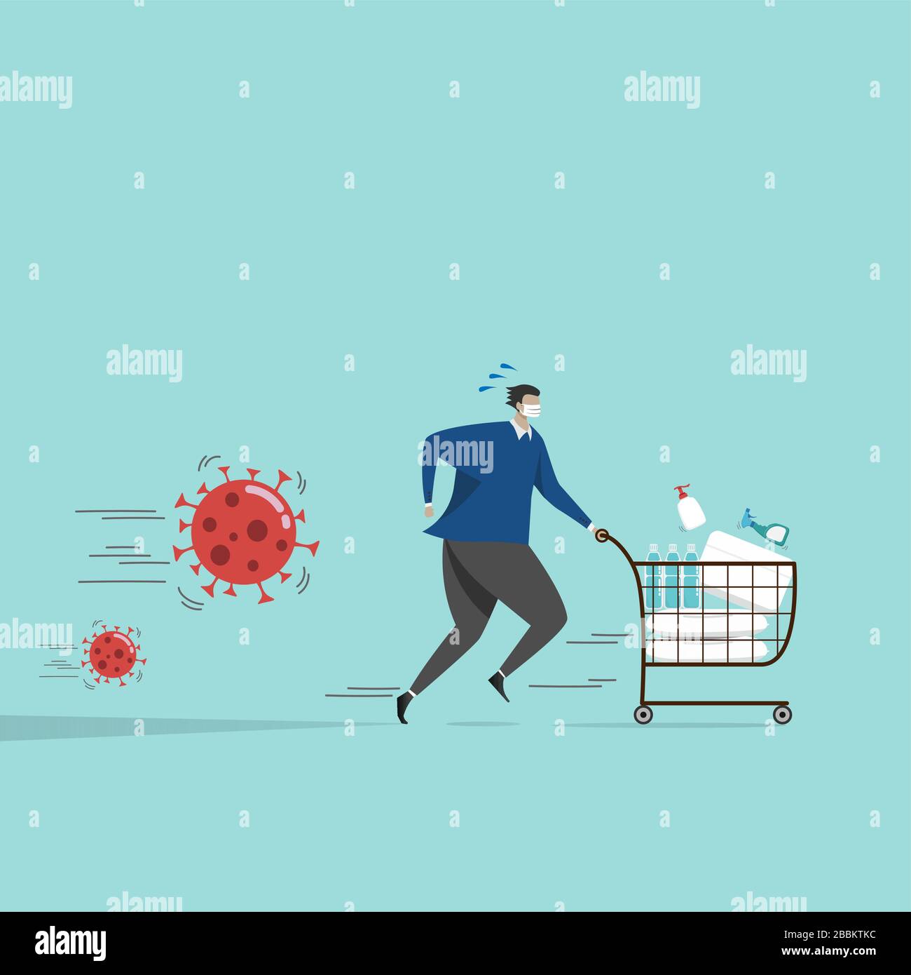 panic people wheeling shopping cart with full of sterilizing , cleaning equipment and consumer goods product running away from coronavirus during  COV Stock Vector