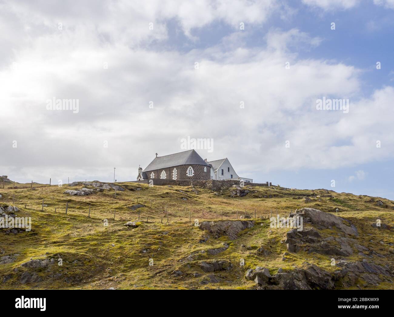 St Michael's RC Church, Isle of Eriskay, Outer Hebrides, Western Isles, Scotland, UK. Church on hill in hebrides Stock Photo