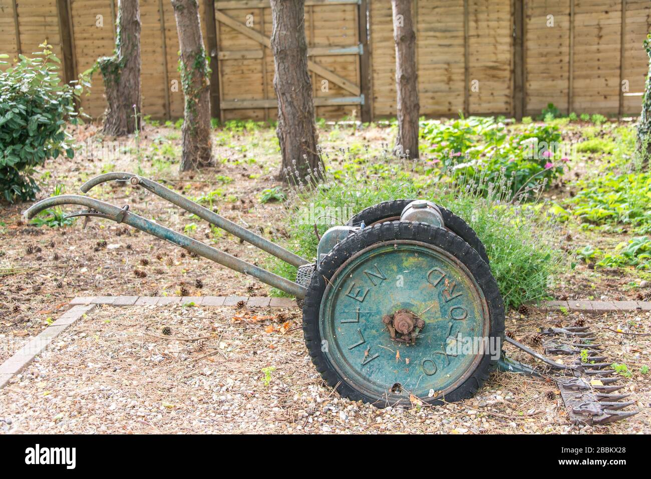 English country garden, vintage garden mower. England, UK Stock Photo