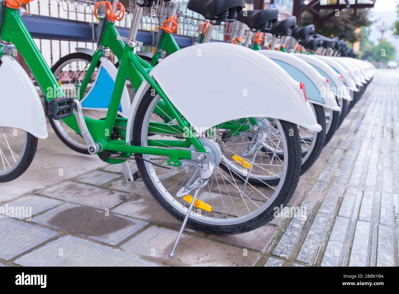 ladies bicycle for public on foot path. Stock Photo