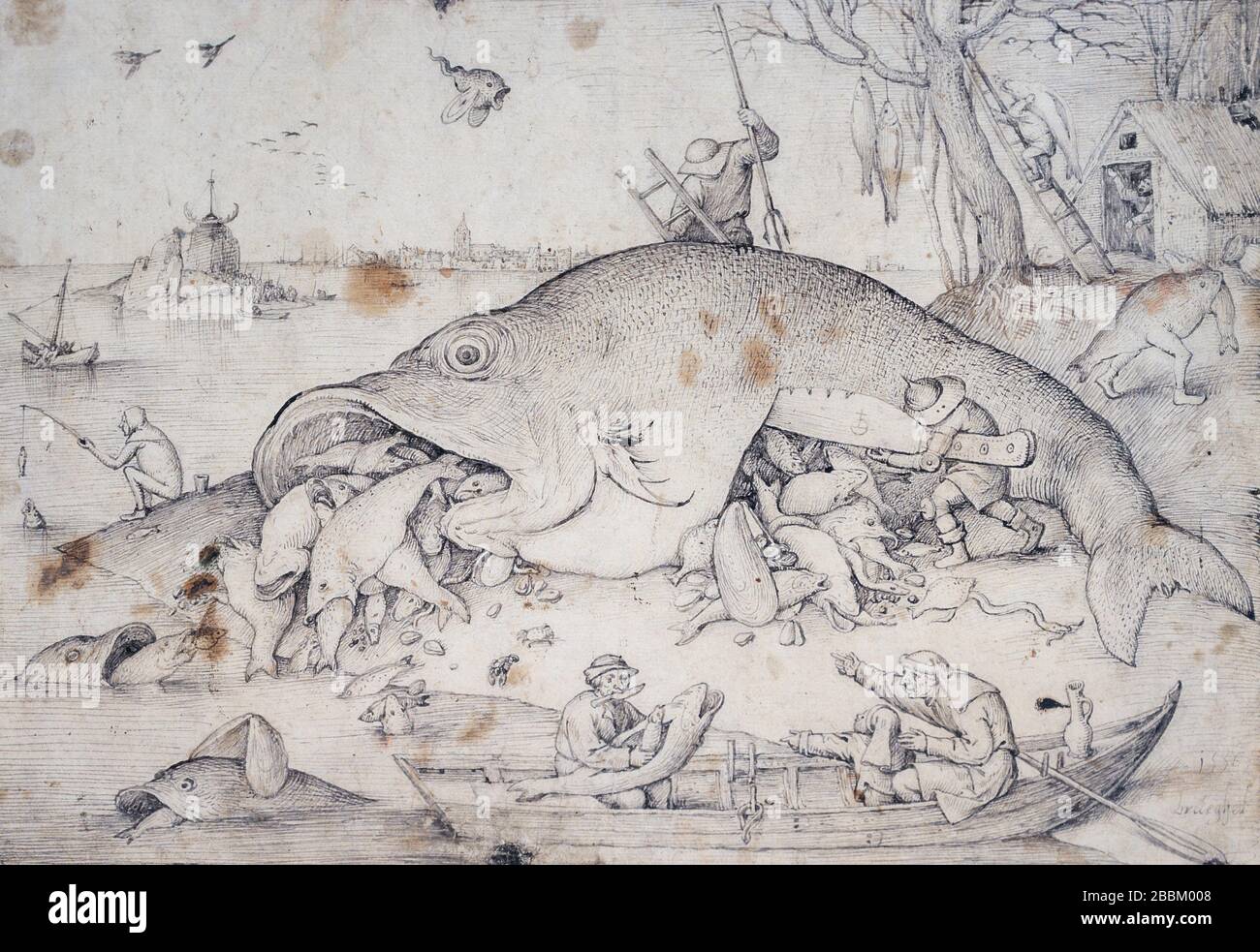 'The Big Fish Eat the Little Fish' (1556) by Pieter Bruegel the Elder (c.1526-1530 – 1559). Brush and pen. Facsimile. Stock Photo