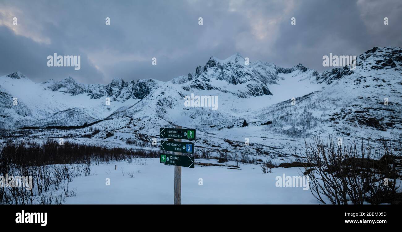 Walking trail signs, Senja, Norway Stock Photo