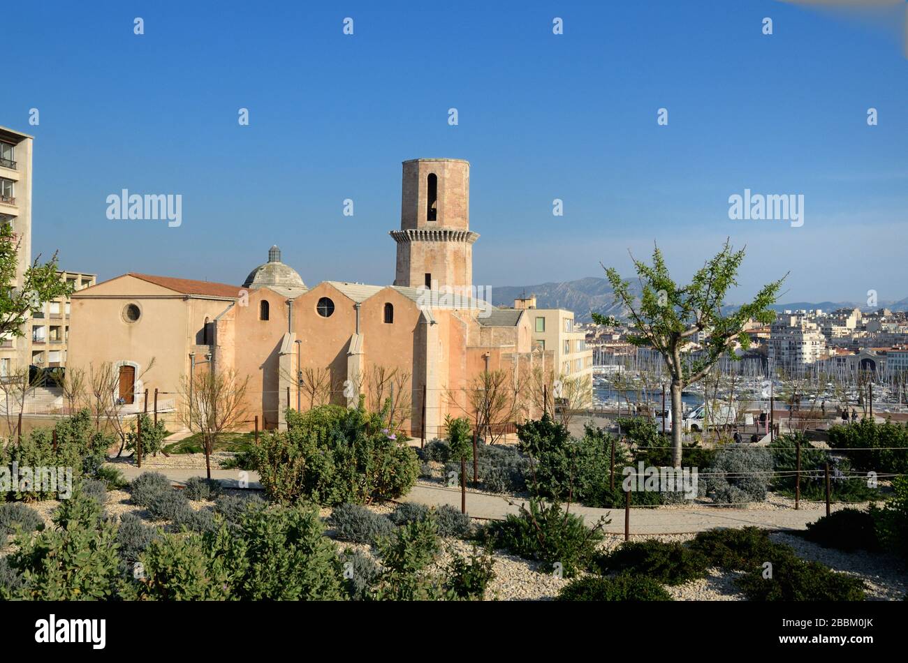 Saint Laurent Church (c12-13th), above the Vieux Port, and Rooftop Garden on the Fort Saint-Jean or St Jean Fort Marseille Provence France Stock Photo