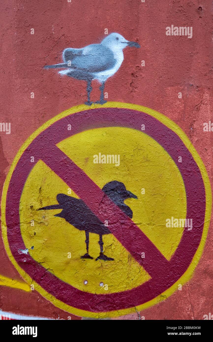 Amusing wall art of a seagull standing on a sign depicting NO SEAGULL's .Quai de Sénégal in the redevelopment area of Bacalan-Bassins à Flot, Bordeaux Stock Photo